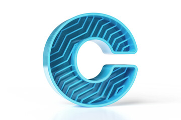 Geometric 3D alphabet letter C designed for branding projects in a modern concept for areas of technology and games. Aqua blue 3D reflective lettering collection. High definition 3D rendering.
