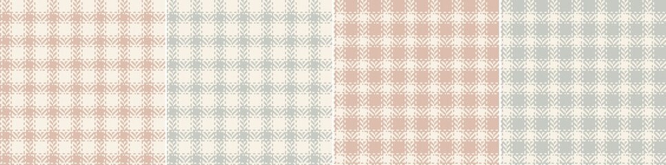 Plaid pattern set in grey, pink, beige. Herringbone textured stitched small blurry gingham tartan graphic vector for shirt, skirt, dress, other modern spring summer autumn winter textile design.