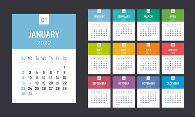 Year 2022 colorful minimalist monthly calendar on black background. Week starts Sunday. Vector template.