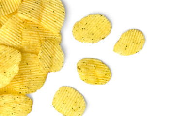 Potato chips with green onion and sour cream isolated on white background.