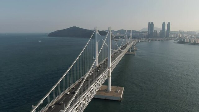 Aerial view of Gwangandaegyo bridge in Busan. May, 2021. 부산 광안대교