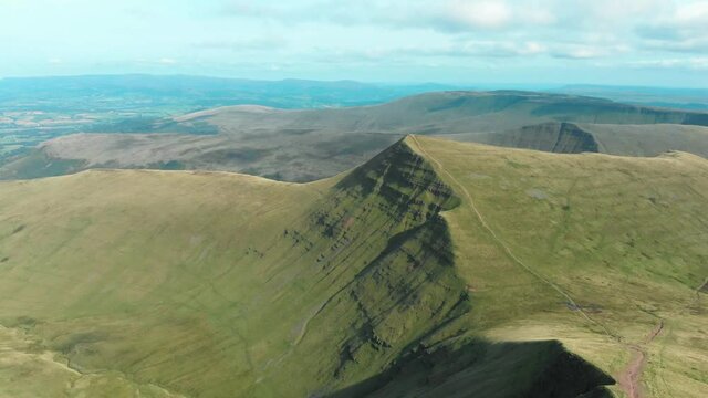 Aerial drone shot of Cribyn mountain peak in Brecon Beacons National Park, Wales