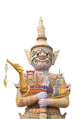 Giant guardian wat phra kaew grand palace hugging The Royal Barge Suphannahong with contain landmark thailand travel concept isolated on white background with clipping path