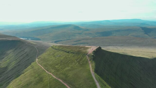Aerial drone shot of Corn Du mountain peak in Brecon Beacons National Park, Wales