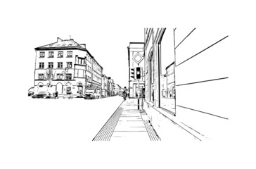 Building view with landmark of Klaipeda is a port city in Lithuania. Hand drawn sketch illustration in vector.