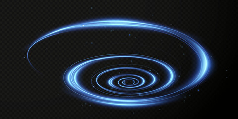 Festive glowing curl in neon color. Luminous blue podium. Sales funnel. A magical light line twisting into a spiral. Spiral light PNG.