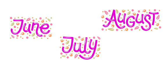 Vector set with apples leaves words summer months - June, July, August. Cartoon lettering summer months