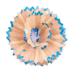 One colorful pencil shaving isolated on white, top view
