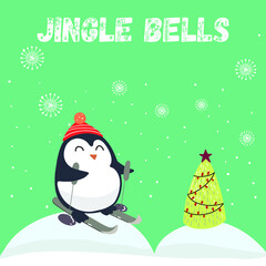 Christmas card with penguin skiing, Jingle bells lettering