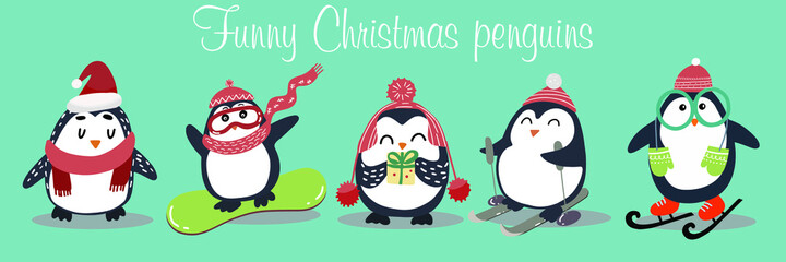 Set of merry Christmas penguins, winter penguins, with a gift, in hats, snowboarding, ice skating.