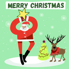 Christmas card Santa holds a star above him, next to a deer in a scarf, the inscription Merry Christmas.