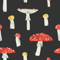 Red and yellow fly agaric, amanita muscaria. Poisonous inedible mushroom. Autumn seasonal forest fungi isolated on white. Vector flat cartoon illustration, seamless pattern, fall background