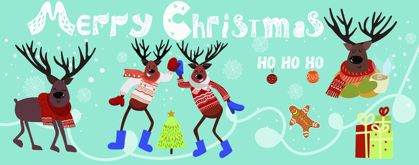 Christmas banner lettering ho ho ho, merry christmas, four deer in sweaters, scarves, deer with a cup of hot cocoa, Christmas tree decorations, gingerbread cookie.