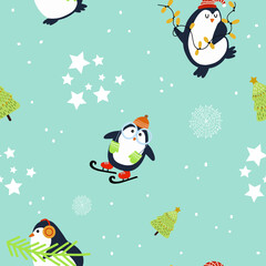Seamless pattern Christmas skating penguins, with a herringbone, with a garland.