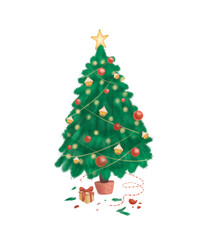 Christmas tree with fallen branches. Congratulatory postcard.