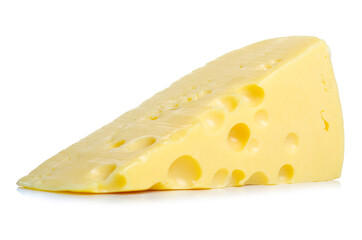 Cheese with holes in hand on white background isolation