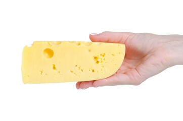 Cheese with holes in hand on white background isolation