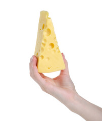Cheese with holes in hand on white background isolation