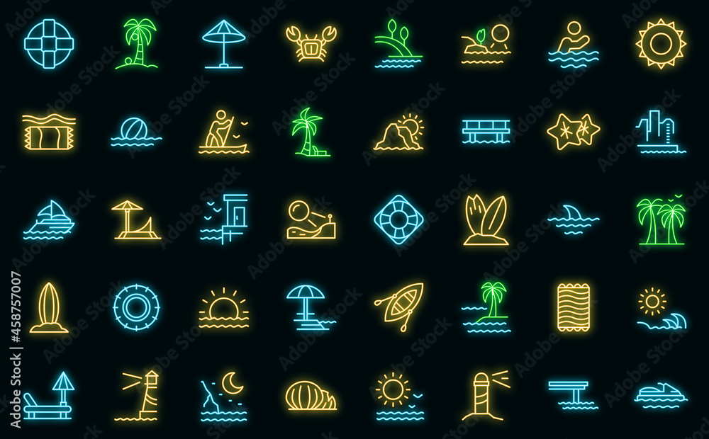 Poster seaside icons set. outline set of seaside vector icons neon color on black