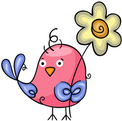 Little pink bird holding a flower
