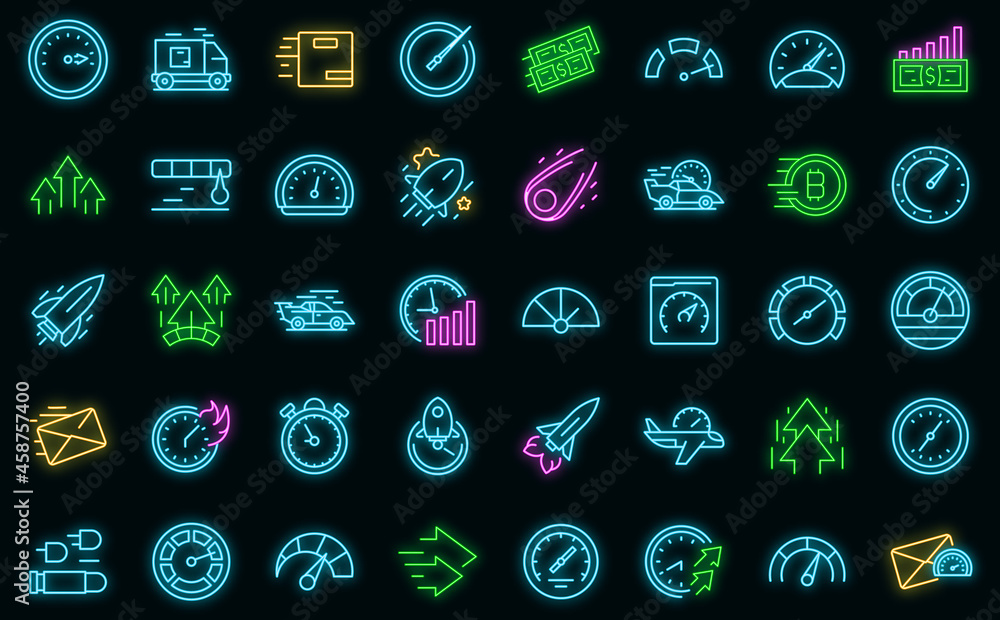 Poster velocity icons set. outline set of velocity vector icons neon color on black