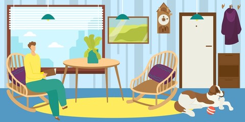 Man read at home, vector illustration, male person character hold book, living room with dog pet, young guy sitting at wood armchair, study literature