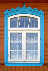 General view and architectural details of the temple of the Eastern Church of the Old Believers, built in 1948, called Molenna in the town of Gabowe Grady in Podlasie, Poland.