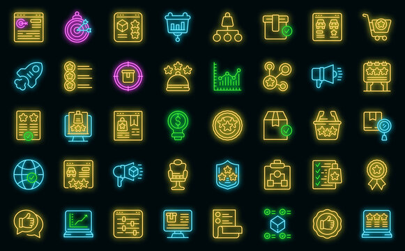 Featured product icons set. Outline set of featured product vector icons neon color on black