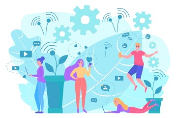 Smartphone message concept, vector illustration, flat happy man woman character use phone for online talk in mobile social media.