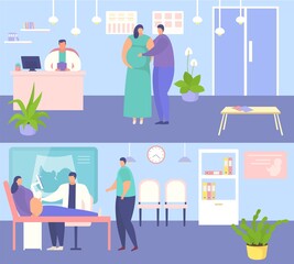 Pregnant woman at hospital appointment, vector illustration, doctor man character control female health with medical equipment, care patient pregnancy
