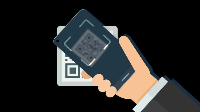 A hand scans a qr code tag with his smartphone and finds a valid result with alpha channel (flat design)