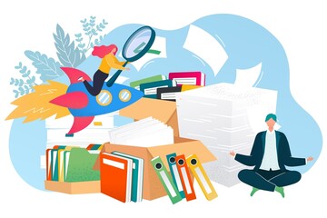Search document concept, vector illustration, archive management design, tiny flat man worker character sit near folders, paper storage.