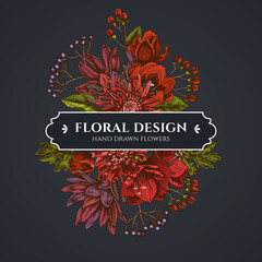 Floral bouquet dark design with viburnum, hypericum, tulip, aster, leucadendron, amaryllis