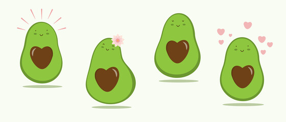 Cute flat avocado set. Funny cartoon characters. Images good for print, cards, stickers, tshirts, posters, menu and more.