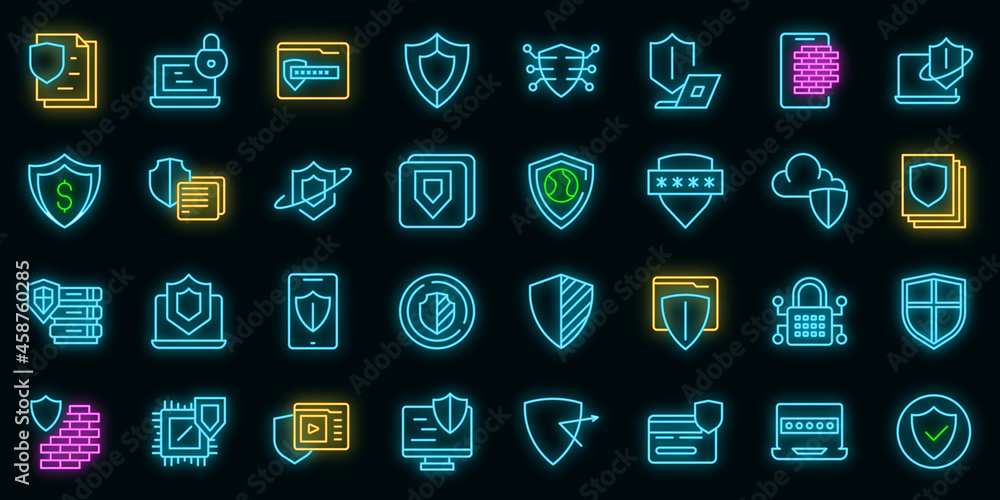 Poster active protection icons set outline vector. file firewall. coding guard