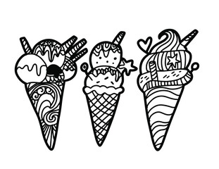 Tasty ice cream and muffin coloring page. Hand drawn line art illustration