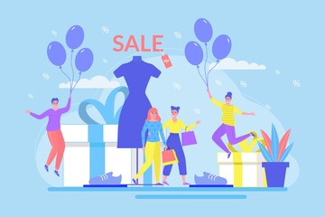 Sale concept, vector illustration, happy tiny flat man woman character at retail store design, people buy gift with discount, clothes shop promotion.