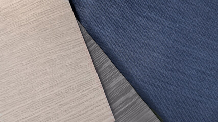 close up matching interior material samples in brown and blue color tone consists light oak wood veneer, Italian walnut wood veneer and blue woolen drapery (focused at fabric textured). luxury mood.