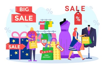 Sale, final discount for happy people, vector illustration, flat tiny man woman character buy clothes in retail store design, best price