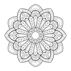 Flower mandala with stylized leave elements, round shapes and striped patterns. For coloring book pages.