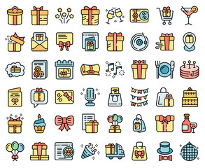 Birthday gift icons set outline vector. Box present. Ribbon package