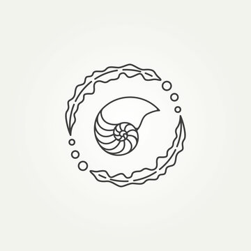 recommend clip art: isolated nautilus and seaweed circle minimalist line art badge logo icon template vector illustration design. simple modern ammonite, marine, animal, seashell emblem logo concept