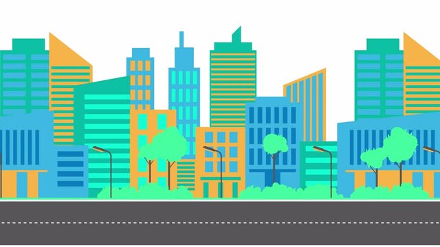 city skyline landscape view and road, town buildings and skyscrapers, urban cityscape town. Architecture silhouette of downtown. panoramic sight, day time. looped animation with 2d parallax effect