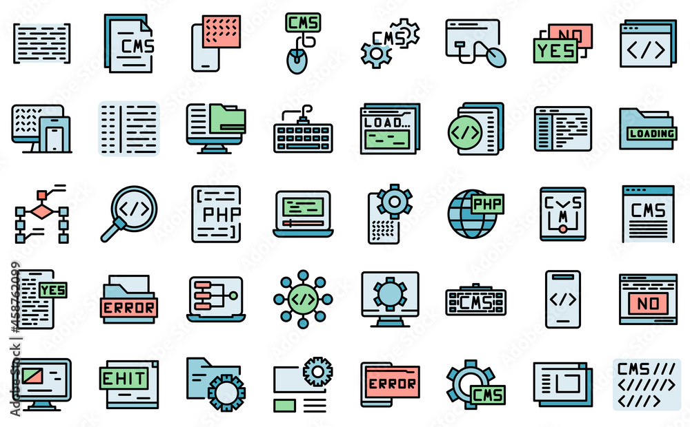 Poster cms development icons set outline vector. data code. design application