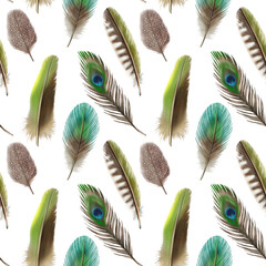 Watercolor feathers seamless pattern. Hand drawn boho indian ornament.Perfect for invitations, wedding design, postcards