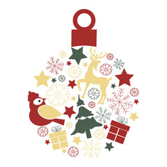 Vector set of colorful icons in christmas ball with christmas tree, gift box, stars, snowflakes, deer on white background for invitation, greeting cards