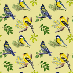 Watercolor seamless pattern with birds and leaves. Hand drawn graphics for wrapping papper, fabric, textile, gift ideas, scrapbooking.