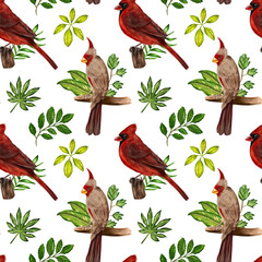 Watercolor seamless pattern with birds and leaves. Hand drawn graphics for wrapping papper, fabric, textile, gift ideas, scrapbooking.