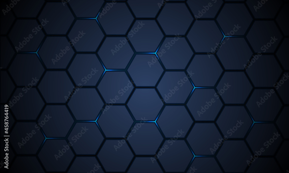 Leinwandbilder Dark blue hexagonal pattern technology vector abstract background. Blue bright energy flashes under hexagon in modern technology futuristic background vector illustration. Dark honeycomb texture grid.