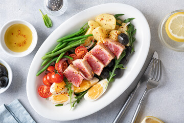 nicoise salad with fresh tuna, french cuisine, view from above